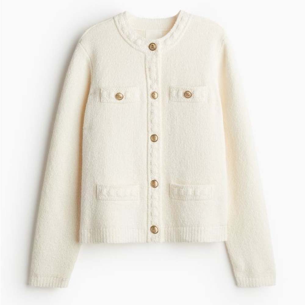 Textures knit ivory lady jacket with gold buttons